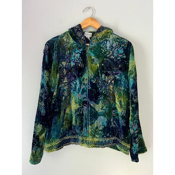 Chico's Embellished Burnout Velvet Silk Blend Full Zip Hooded Jacket Size L - Picture 1 of 10